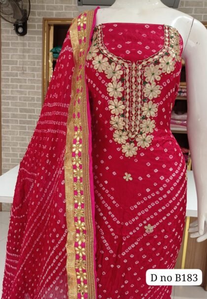 Jaipuri silk dress material bandhani print with neck work
