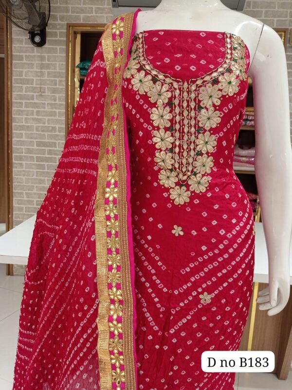 Jaipuri silk dress material bandhani print with neck work
