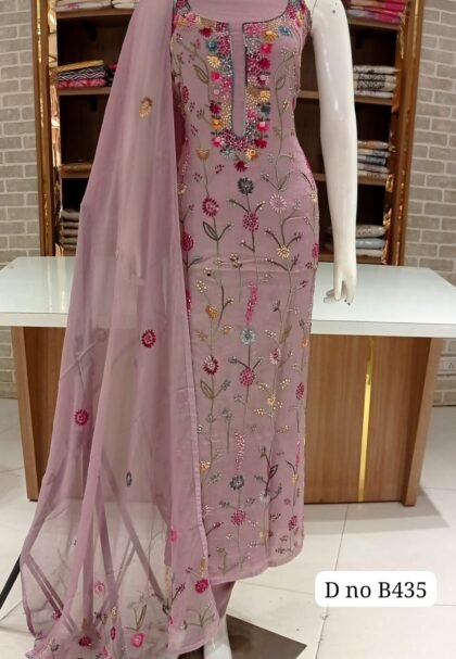 Pure chinnon silk Classy pure suits with handmade work full front beautifully designed